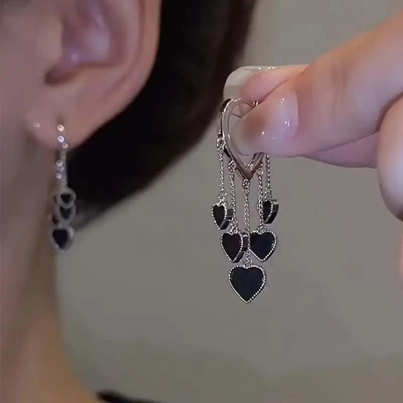 Black LOVE Heart Tassel Earrings - Image 2
