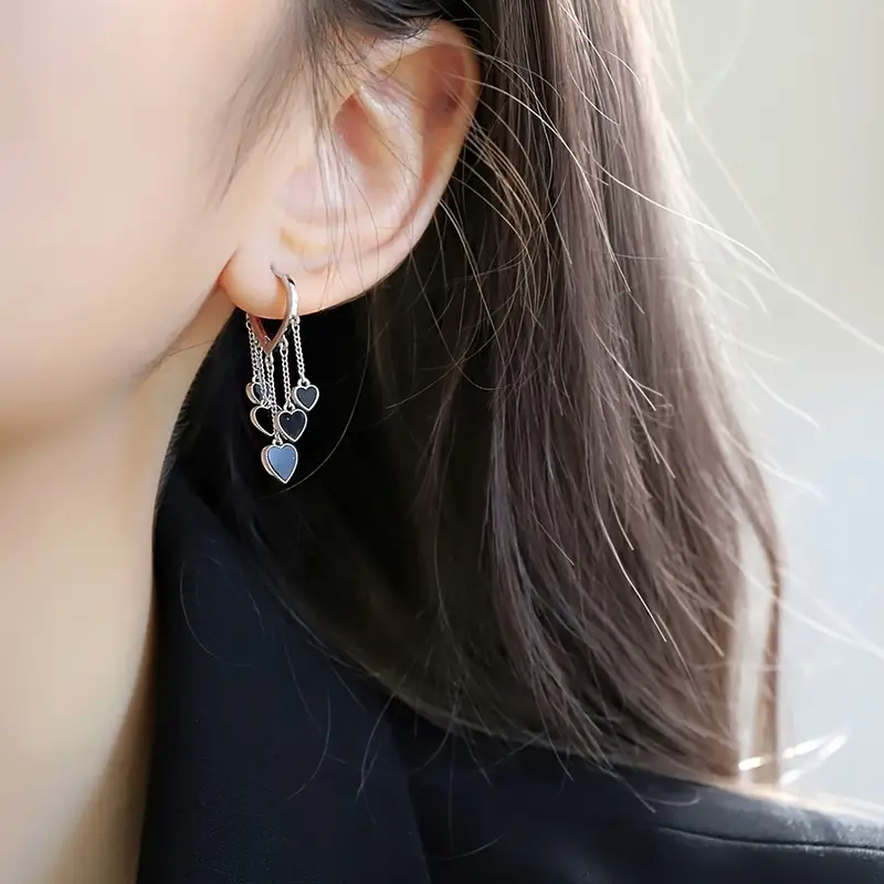 Black LOVE Heart Tassel Earrings - Image 3