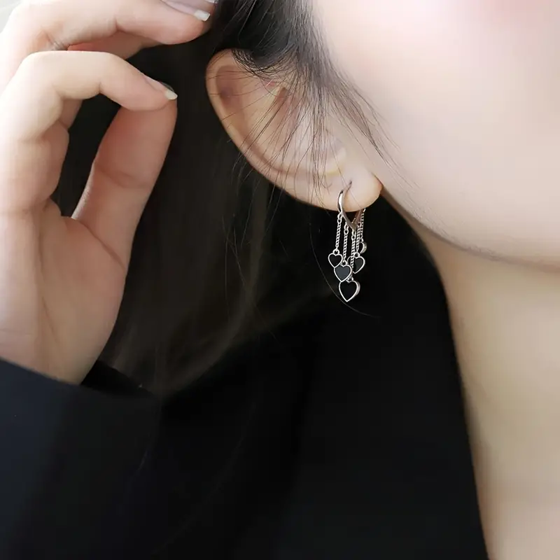 Black LOVE Heart Tassel Earrings - Image 6