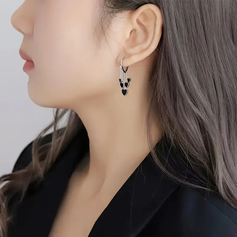 Black LOVE Heart Tassel Earrings - Image 7