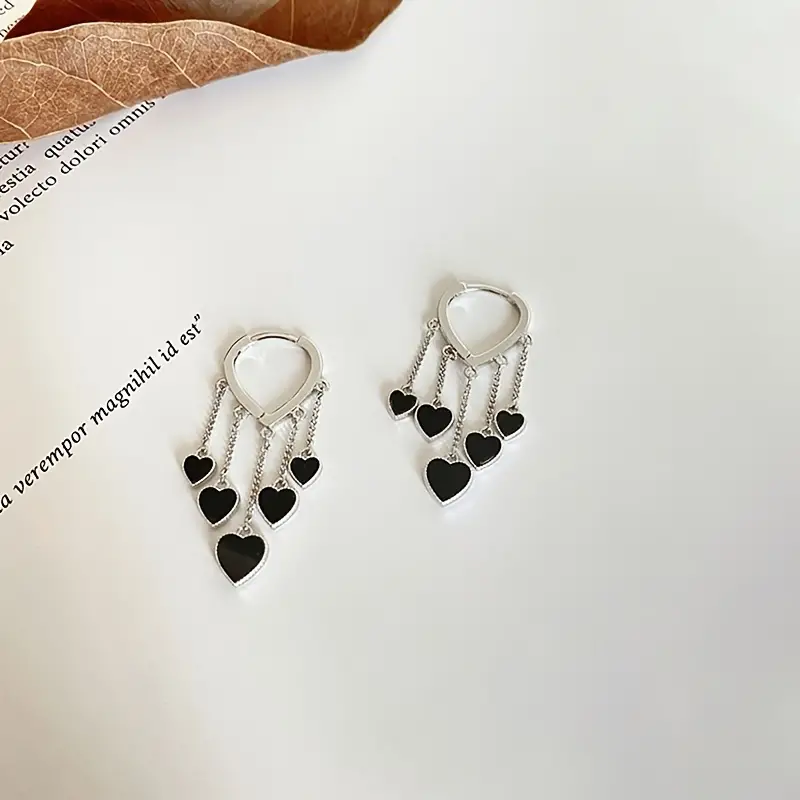 Black LOVE Heart Tassel Earrings - Image 8
