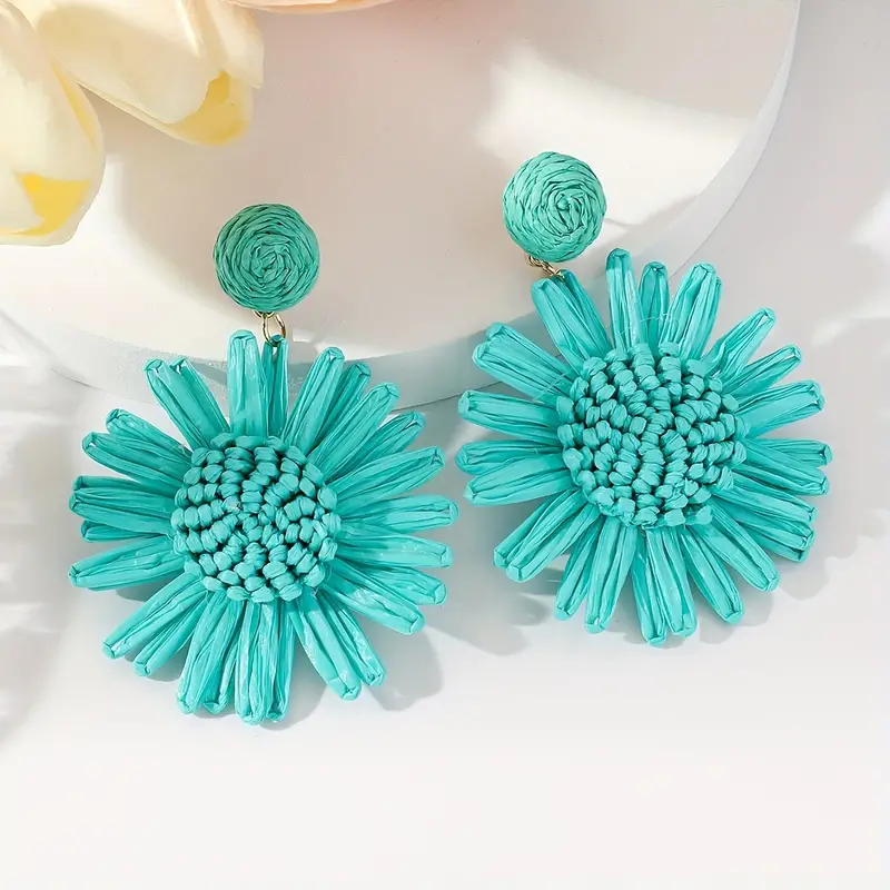 Hand-woven Raffia Sun Flower Dangle Earrings - Image 10