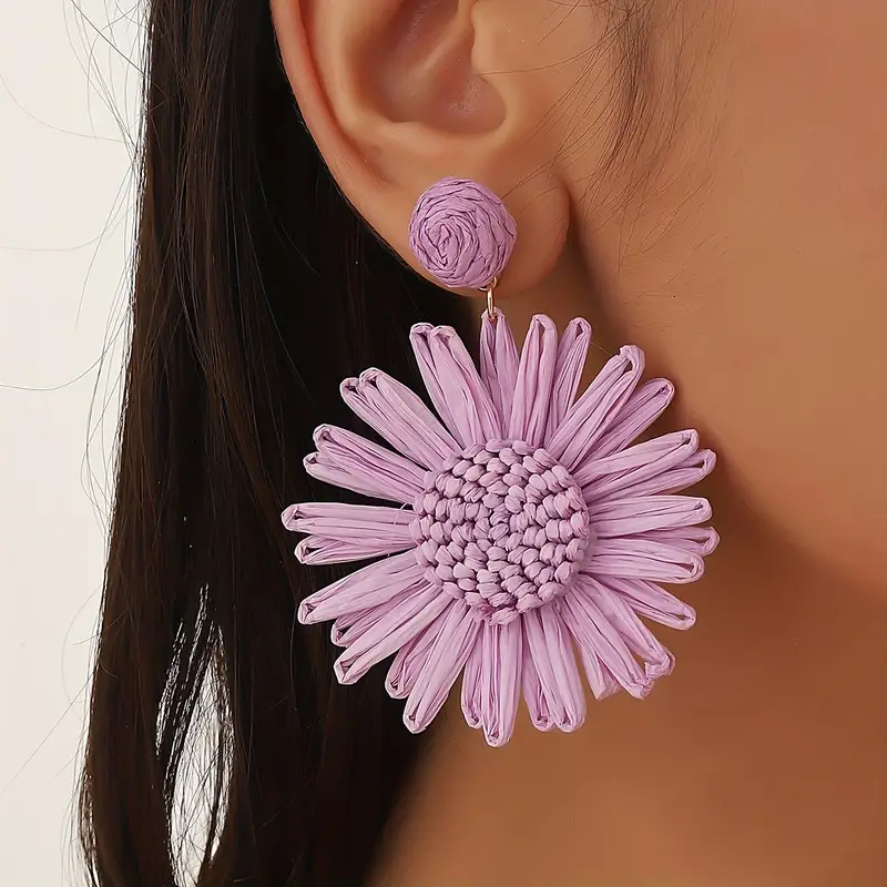 Hand-woven Raffia Sun Flower Dangle Earrings - Image 7