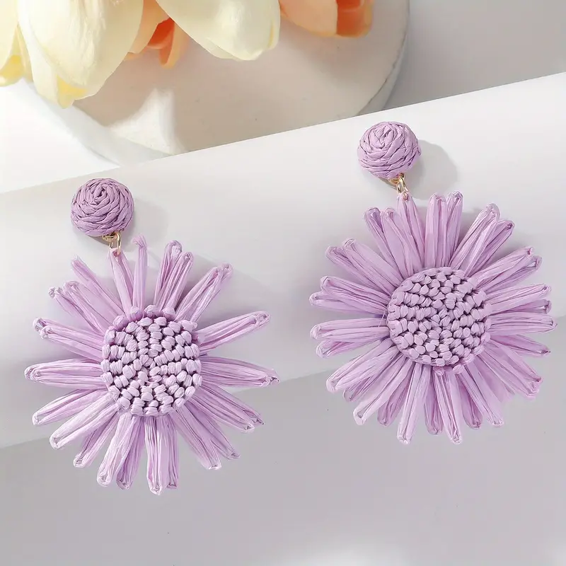 Hand-woven Raffia Sun Flower Dangle Earrings - Image 8