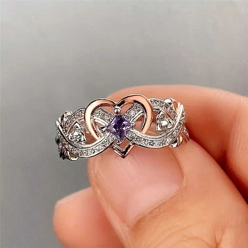 Delicate Purple Sapphire Women's Heart Two-Tone Ring - Image 2