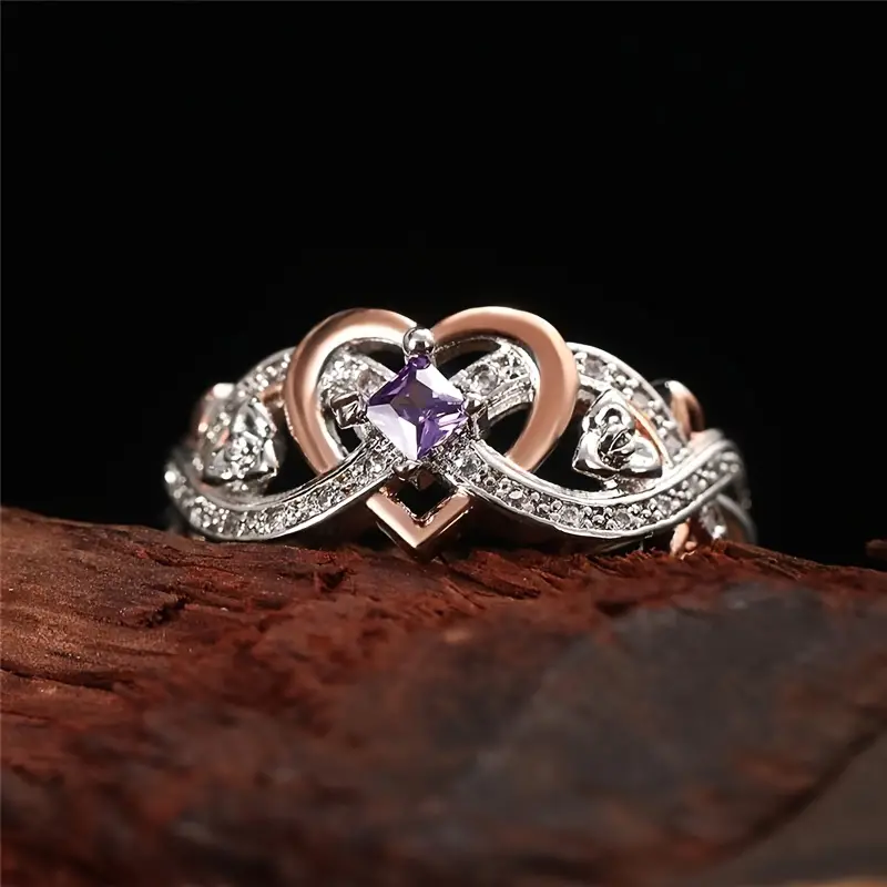 Delicate Purple Sapphire Women's Heart Two-Tone Ring - Image 4