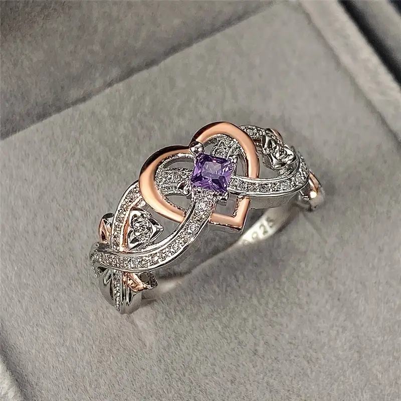 Delicate Purple Sapphire Women's Heart Two-Tone Ring - Image 5